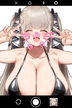 azur_lane black_bra black_ribbon bra breasts cleavage closed_eyes double_v erufura fake_phone_screenshot fake_screenshot formidable_(azur_lane) grey_hair hair_ribbon highres huge_breasts long_hair open_mouth ribbon simple_background taking_picture twintails two-tone_ribbon underwear user_interface v very_long_hair white_background white_ribbon