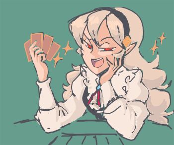 alternate_costume card davewaterfalls dragon_girl female_corrin_(fire_emblem) fire_emblem fire_emblem_fates hairband hand_on_own_cheek hand_on_own_face long_hair nintendo pointy_ears poker_table red_eyes smug star_(symbol) table white_hair