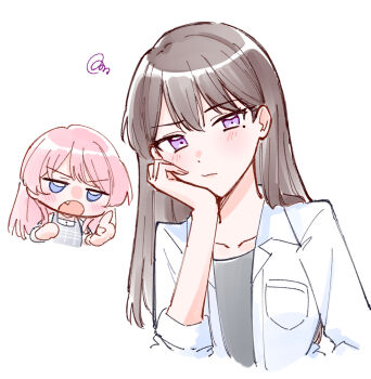 2girls bang_dream! bang_dream!_it&#039;s_mygo!!!!! black_shirt blue_eyes blush breast_pocket brown_hair chihaya_anon closed_mouth collarbone dress fang grey_dress hand_on_own_cheek hand_on_own_face highres index_finger_raised long_hair mole mole_under_eye multiple_girls open_clothes open_mouth open_shirt pinafore_dress pink_hair plaid_clothes plaid_dress pocket purple_eyes shiina_taki shirt simple_background sleeveless sleeveless_dress squiggle three-quarter_sleeves upper_body v-shaped_eyebrows white_background zangemiya