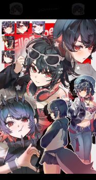 1girl ahoge alternate_costume black_collar black_dress black_hair black_jacket character_name collar colored_inner_hair commentary dress ellen_joe english_commentary eyewear_on_head fins fish_tail hair_ornament headphones headphones_around_neck highres htbjca3l jacket looking_at_viewer maid mole mole_under_eye mouth_hold multicolored_hair red_hair shark_girl shark_tail shirt short_hair solo spiked_collar spikes sunglasses tail white_shirt x_hair_ornament zenless_zone_zero