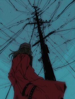 1boy aragaki_shinjirou beanie brown_hair coat cowboy_shot floating_hair grey_hat hand_in_pocket hat jottbeng long_sleeves male_focus medium_hair persona persona_3 power_lines red_coat solo standing utility_pole