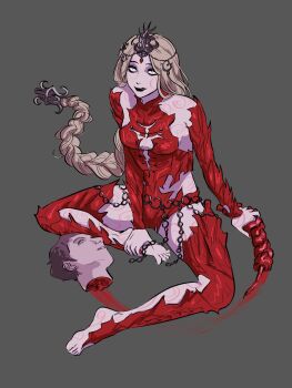 1girl :q baldur's_gate baldur's_gate_3 barefoot black_lips blonde_hair blood bone braid circlet cleavage_cutout clothing_cutout collared_leotard commentary detached_sleeves english_commentary from_above full_body greaselordd grey_background guro hand_on_own_foot headpiece highres holding holding_bone holding_own_foot leotard licking_lips long_hair looking_to_the_side low-braided_long_hair low-tied_long_hair o-ring orin_the_red red_leotard red_thighhighs severed_head simple_background single_braid sitting smeared_blood solo spine thighhighs tongue tongue_out white_eyes