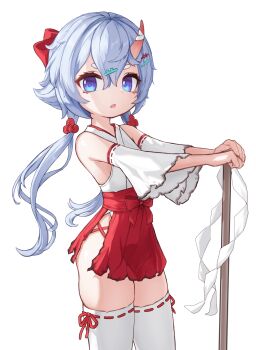 1girl absurdres alternate_costume blue_eyes blue_hair breasts dori_(9720xyz) hakama highres horns japanese_clothes kimono long_hair looking_at_viewer neverness_to_everness oni red_hakama sakiri_(nte) single_horn skin-covered_horns small_breasts solo thighhighs white_kimono white_thighhighs zettai_ryouiki
