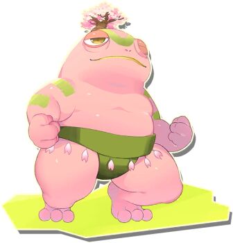 Rule 34 | fat, fat man, frog, kawazumo (monster farm), line: monster farm, loincloth, monster, monster farm, official art, one eye closed, sakura frog (monster farm), sakura tree, sumo