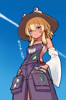 Rule 34 | 1girl, :3, animal print, backless outfit, blonde hair, blue sky, blush, breasts, bright pupils, cleavage, closed mouth, commentary request, cowboy shot, detached sleeves, frog print, from below, hair between eyes, hair ribbon, hands in pockets, hat, highres, looking at viewer, medium hair, moriya suwako, neritch, orange eyes, overall skirt, overalls, pocket, purple overalls, red ribbon, ribbon, sideboob, sidelocks, sky, small breasts, smile, solo, standing, tan, tanline, tanline peek, touhou, translation request, white pupils, white sleeves, wide sleeves