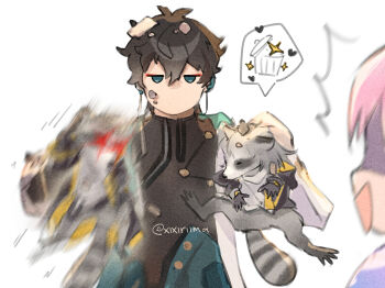 Rule 34 | 1boy, 1girl, absurdres, animal, animalization, antenna hair, black gloves, black hair, black jacket, caelus (honkai: star rail), clothed animal, coat, dan heng (honkai: star rail), earrings, gloves, green eyes, heart, highres, honkai: star rail, honkai (series), jacket, jewelry, long sleeves, march 7th (honkai: star rail), motion blur, no mouth, no nose, no sclera, open mouth, pink hair, raccoon, short hair, solo focus, sparkle, spoken object, stelle (honkai: star rail), trailblazer (honkai: star rail), trash can, upper body, white coat, xixiriima