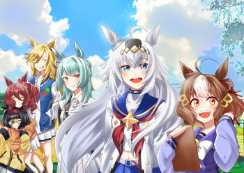 6+girls absurdres ahoge animal_ears belno_light_(umamusume) belt black_hair black_jacket blazer blonde_hair blue_eyes blue_jacket blue_sailor_collar blue_skirt blue_sky bob_cut bow bowtie braid brooch brown_cardigan brown_hair cardigan clipboard closed_eyes closed_mouth cloud cloudy_sky commentary crown_braid day domino_mask dress_shirt drill_hair drill_sidelocks ear_bow ear_ornament ear_ribbon eye_mask facing_viewer folded_ponytail fujimasa_march_(umamusume) gakeumi green_eyes grey_belt grey_hair grin hair_ornament hairband hand_in_own_hair hand_in_pocket highres holding holding_clipboard horse_ears horse_girl horseshoe_ornament hug hug_from_behind jacket jewelry kasamatsu_tracen_school_uniform leaning_forward letter_hair_ornament letterman_jacket long_hair long_sleeves looking_at_viewer mask medium_hair midriff mini_the_lady_(umamusume) miniskirt multicolored_hair multiple_girls navel neckerchief norn_ace_(umamusume) off_shoulder oguri_cap_(umamusume) one_eye_closed open_mouth orange_eyes outdoors pleated_skirt purple_sailor_collar purple_shirt red_bow red_hair red_hairband red_neckerchief rudy_lemono_(umamusume) sailor_collar school_uniform sharp_teeth shirt short_hair side_drill sidelocks skirt sky smile standing star_brooch teeth tracen_school_uniform two-tone_hair umamusume umamusume:_cinderella_gray untucked_shirt white_bow white_bowtie white_hair white_shirt white_skirt wind wing_collar yellow_eyes yellow_jacket