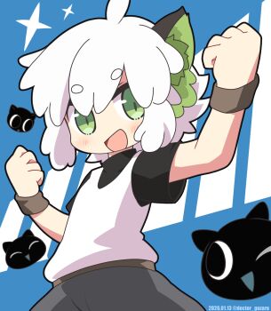 Rule 34 | 1boy, animal ears, artist name, blue background, cat boy, cat ears, clenched hands, commentary request, dated, dokuta, green eyes, heixiu, highres, looking at viewer, luo xiaohei, luo xiaohei (cat), luo xiaohei zhanji, male focus, open mouth, shirt, short eyebrows, short hair, short sleeves, smile, thick eyebrows, twitter username, v-shaped eyebrows, white hair