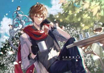 1boy ahoge bird black_gloves blue_sky branch brown_hair chair chromatic_aberration cloud cloudy_sky coffee_mug coffee_pot commentary commentary_request commission crossed_legs cup dress_shirt english_text falling_petals gloves granblue_fantasy hair_between_eyes hand_on_own_face highres holding jacket light light_particles light_smile looking_at_viewer male_focus messy_hair mug official_alternate_costume on_chair open_clothes open_jacket petals red_eyes red_scarf sandalphon_(granblue_fantasy) scarf shirt signature sky smile sparrow tree white_jacket white_petals woonak