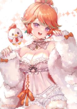 1girl absurdres babydoll bloomers breasts cleavage cowboy_shot fur_jacket highres hololive hololive_english jacket looking_at_viewer medium_breasts open_mouth orange_hair purple_eyes smile solo tactoki takanashi_kiara underwear virtual_youtuber white_babydoll white_bloomers