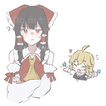 2girls ? ahoge ascot black_vest blush bow brown_eyes brown_hair carin_(c_arin1012) closed_eyes commentary_request crossed_arms detached_sleeves frilled_bow frilled_hair_tubes frills hair_bow hair_tubes hakurei_reimu heart highres kirisame_marisa long_hair long_sleeves looking_at_viewer multiple_girls neck_ribbon no_headwear open_mouth red_bow ribbon smile touhou twitter_username vest watermark yellow_ascot