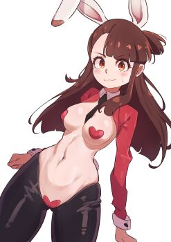 1girl absurdres animal_ears asymmetrical_hair black_hiphighs black_necktie blunt_bangs blunt_ends blush breasts brown_hair closed_mouth collared_shrug commentary cowboy_shot dutch_angle embarrassed fake_animal_ears fake_tail floating_hair gluteal_fold heart_maebari heart_pasties highres hiphighs kagari_atsuko little_witch_academia long_hair looking_at_viewer madabau maebari medium_breasts navel necktie pasties playboy_bunny rabbit_ears rabbit_tail red_eyes red_shrug reverse_bunnysuit reverse_outfit short_necktie shrug_(clothing) simple_background small_sweatdrop solo split_mouth standing swimsuit tail untranslatable_commentary wavy_mouth white_background wrist_cuffs