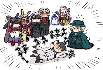 >_< animal animal_ears antonio_salieri_(fate) black_hair blindfold chaldea_uniform chibi chibi_only cloak closed_eyes crying dark-skinned_female dark_skin edmond_dantes_(fate) facepaint facial_mark fate/grand_order fate_(series) flail fujimaru_ritsuka_(male) funya_(nekokaitaia) gloves gorgon_(fate) grey_hair hair_bun hat headless headpiece hessian_(fate) highres jackal_ears jacket japanese_clothes jeanne_d'arc_alter_(fate) lobo_(fate) long_hair lying medusa_(fate) medusa_(rider)_(fate) nitocris_(fate) nitocris_alter_(fate) on_back on_ground open_mouth pants purple_hair red_eyes rider shirt short_hair side_ponytail simple_background sweatdrop taira_no_kagekiyo_(fate) taira_no_kagekiyo_(second_ascension)_(fate) tantrum ushiwakamaru_(fate) weapon white_background wolf yellow_eyes
