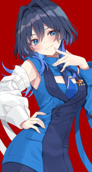 1girl :3 asymmetrical_sleeves award_ribbon black_vest blue_eyes blue_hair blue_necktie blue_shirt blue_sleeves blue_vest buttons chain chain_earrings cleavage_cutout closed_mouth clothing_cutout collared_shirt colored_inner_hair detached_sleeves double-breasted ear_chain hair_intakes hand_on_own_hip hand_up hashtag-only_commentary head_tilt highres hololive hololive_english linked_piercing long_hair looking_at_viewer medal military_uniform mismatched_sleeves mogu_(au1127) multicolored_hair necktie official_alternate_costume official_alternate_hairstyle ouro_kronii ouro_kronii_(4th_costume) red_background shirt sidelocks simple_background sleeveless sleeveless_shirt solo two-tone_hair two-tone_vest upper_body vest virtual_youtuber white_sleeves wolf_cut