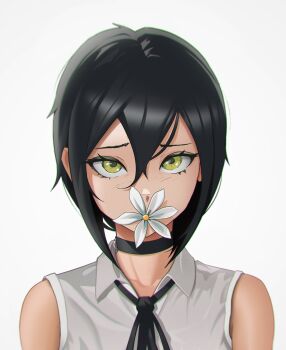 Rule 34 | 1girl, absurdres, black choker, black hair, black ribbon, chainsaw man, choker, collared shirt, covered mouth, daisy (flower), flower, flower in mouth, green eyes, hair between eyes, highres, lem, looking at viewer, reze (chainsaw man), ribbon, shirt, short hair, simple background, sleeveless, solo, white background, white shirt