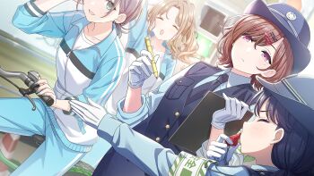 4girls armband asakura_toru bicycle blue_eyes blue_hair brown_hair buttons clipboard closed_eyes collared_shirt earrings fukumaru_koito game_cg gloves hair_ornament hairclip hat highres higuchi_madoka holding ichikawa_hinana idolmaster idolmaster_shiny_colors idolmaster_shiny_colors_song_for_prism japanese_text jewelry multicolored_hair multiple_girls nail_polish necktie noctchill_(idolmaster) official_art open_mouth pen police police_uniform profile purple_hair red_eyes red_hair shirt sitting sportswear traffic_cone traffic_light vest whistle white_gloves zipper