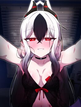 1girl babydoll black_babydoll black_choker black_hair black_horns blue_archive blush breasts bright_pupils choker collarbone condom condom_wrapper condom_wrapper_in_clothes grin hair_between_eyes halo highres horns kayoko_(blue_archive) large_breasts long_hair looking_at_viewer manli mole mole_on_collarbone multicolored_hair reaching reaching_towards_viewer red_eyes smile solo two-tone_hair upper_body white_hair white_halo white_pupils