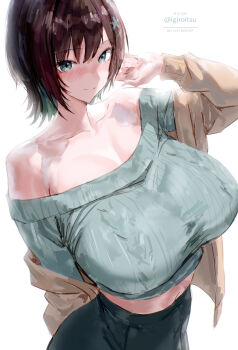 1girl absurdres bare_shoulders blush breasts brown_hair brown_jacket closed_mouth collarbone green_eyes highres huge_breasts igiroitsu jacket looking_at_viewer midriff navel off-shoulder_sweater off_shoulder original short_hair simple_background smile solo sweater twitter_username white_background