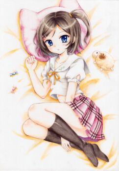 Rule 34 | 1girl, arm between legs, bed sheet, black hair, black socks, blue eyes, breasts, candy, collarbone, commentary request, food, frills, full body, hair ornament, hairclip, head on pillow, hentai ouji to warawanai neko., ichiha sanami, kneehighs, looking at viewer, lying, miniskirt, monochrome, neck ribbon, no shoes, on side, one side up, parted bangs, parted lips, pillow, plaid clothes, plaid skirt, pleated skirt, puffy short sleeves, puffy sleeves, purple skirt, ribbed socks, ribbon, sailor collar, school uniform, serafuku, shirt, short hair, short sleeves, skirt, small breasts, socks, solo, stuffed animal, stuffed sheep, stuffed toy, tsutsukakushi tsukiko, white shirt