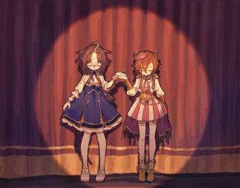 Rule 34 | 2girls, ahoge, animal ears, blue dress, bow, breasts, brown hair, cape, closed eyes, closed mouth, commentary request, crown, curtains, dress, ear piercing, gloves, hair between eyes, head bowed, highres, holding hands, horse ears, horse girl, horse tail, long sleeves, medium breasts, meisho doto (umamusume), mini crown, multicolored hair, multiple girls, orange hair, pb lumum, piercing, pink cape, shirt, shoes, short hair, skirt, stage, stage curtains, stage lights, t.m. opera o (umamusume), tail, thighhighs, two-tone hair, two-tone skirt, umamusume, white footwear, white gloves, white thighhighs, yellow shoes