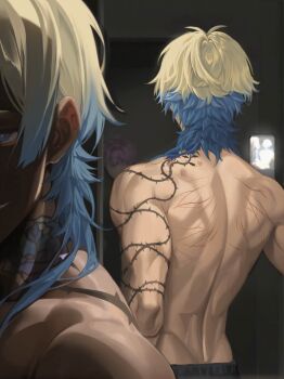 1boy back back_tattoo black_background blonde_hair blue_hair blue_lock byakuyablaise flower_tattoo highres holding holding_phone male_focus medium_hair michael_kaiser mirror multicolored_hair pants phone reflection streaked_hair tattoo toned toned_male topless_male two-tone_hair