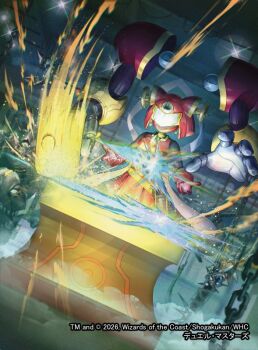 Rule 34 | 1girl, 2026, assault visor, chain, closed mouth, commentary request, copyright notice, duel masters, extra arms, fanny pack, gloves, hagoromo, hammer, holding, holding hammer, indoors, miroku (duel masters), momose hisashi, official art, red gloves, robot girl, shawl, solo, sword, weapon