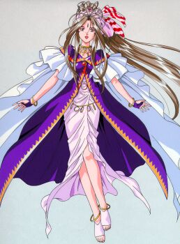 1girl aa_megami-sama anklet antenna_hair belldandy blue_eyes bracelet brown_hair cape dress facial_mark fingerless_gloves forehead_mark frilled_cape full_body gift_art gloves gold_anklet gold_bracelet gold_collar grey_background high_ponytail itou_katsunobu jewelry kamitani_hideo long_hair no-show_socks open_mouth ponytail purple_dress purple_gloves second-party_source simple_background smile socks solo toeless_socks very_long_hair white_cape white_dress white_socks