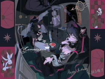 1girl 1other absurdres animal_ears armor black_dress black_hair black_hat bow breasts candle cleavage commission cup doll_joints dress earrings eyelashes eyepatch fingernails fire flower ghost grey_eyes hai_yexing_ren happy_birthday hat hat_bow hat_ornament highres jewelry joints large_hat long_hair long_sleeves looking_at_viewer medium_breasts mihuashi_commission open_window original plate red_nails sidelocks sitting tablecloth tattoo teacup teapot watermark white_flower window witch_hat