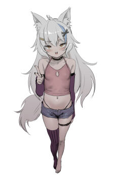 Rule 34 | 1girl, :d, animal ears, as109, bare shoulders, barefoot, black nails, black panties, blue hair, blush, breasts, brown eyes, collar, denim, denim shorts, detached sleeves, elza (vtuber), female focus, full body, grey hair, hair ornament, highres, indie virtual youtuber, long hair, looking at viewer, md5 mismatch, midriff, navel, open mouth, panties, revision, short shorts, shorts, simple background, single thighhigh, small breasts, smile, solo, standing, striped clothes, striped thighhighs, tail, tank top, teeth, thighhighs, thong, underwear, vertical-striped clothes, vertical-striped thighhighs, virtual youtuber, white background, wolf ears, wolf tail