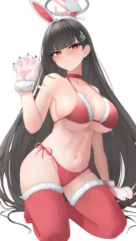 1girl absurdres animal_collar animal_ears animal_hands asaikeu bikini black_hair black_halo blue_archive blush breasts bright_pupils cleavage closed_mouth collar commentary embarrassed fake_animal_ears fur-trimmed_bikini fur_trim gloves hair_behind_ear hair_ornament halo highres kneeling large_breasts long_hair looking_at_viewer multicolored_halo navel paw_gloves price_tag rabbit_ears red_bikini red_eyes red_halo red_thighhighs rio_(blue_archive) santa_bikini santa_costume side-tie_bikini_bottom solo swimsuit thighhighs two-tone_halo very_long_hair white_background white_pupils