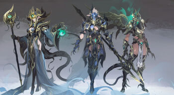 3girls armor black_boots boots breasts dark-skinned_female dark_skin full_body gauntlets gold_trim grey_background high_heel_boots high_heels highres holding holding_staff long_sleeves magic medium_breasts multiple_girls original pelvic_curtain pointy_ears shoulder_armor smjim1986 staff thigh_boots wide_sleeves