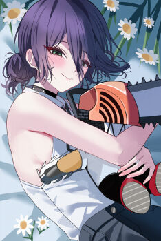1girl absurdres bare_arms bare_shoulders black_choker black_pants blush breasts chainsaw chainsaw_man choker closed_mouth commission denji_(chainsaw_man) flower green_eyes hair_bun hair_flower hair_ornament highres hugging_object looking_at_viewer lying mango_(mango0208) on_back pants pixiv_commission purple_hair reze_(chainsaw_man) shirt short_hair sideboob single_hair_bun sleeveless sleeveless_shirt small_breasts smile solo tsurime upper_body white_shirt