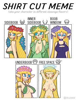 1girl absurdres armpit_hair bare_shoulders blaster_master_(krusha64612042) blonde_hair blue_eyes blush breasts center_opening chart cleavage cleavage_cutout clothing_cutout commentary dress elf english_commentary english_text female_pubic_hair flower hair_flower hair_ornament highres jewelry large_breasts long_hair long_pointy_ears looking_at_viewer meme multiple_drawing_challenge multiple_views nipples original pointy_ears pubic_hair sagging_breasts shirt_cut_meme sideboob simple_background smile underboob very_long_hair water