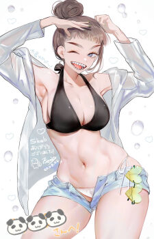 1girl bad_id bad_pixiv_id bare_shoulders black_bra blue_eyes blue_shorts bra breasts brown_hair cleavage clothes_pull commission cowboy_shot dated eyelashes green-tinted_eyewear green_nails hair_bun hands_up heart heart-shaped_eyewear highres large_breasts medium_hair nanase_miri navel one_eye_closed open_fly open_mouth original panties sample_watermark see-through_clothes see-through_shirt sharp_teeth shirt shirt_pull short_shorts shorts skeb_commission skindentation solo sunglasses teeth tinted_eyewear translation_request underwear unworn_eyewear water_drop watermark white_panties white_shirt