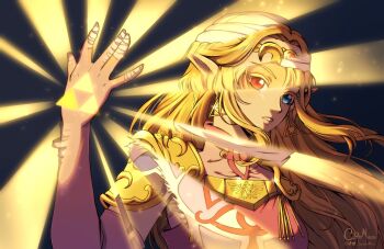 1girl armor artist_name bandaged_fingers bandages blonde_hair blue_eyes chaendeulleo commentary english_commentary hand_up highres long_hair nintendo parted_lips pointy_ears princess_zelda red_eyes sheik shoulder_armor the_legend_of_zelda the_legend_of_zelda:_ocarina_of_time triforce upper_body