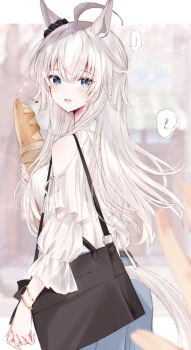 1girl absurdres animal_ears bag black_bag blue_eyes blue_skirt blush bread clothing_cutout commentary_request food from_behind hair_between_eyes highres holding holding_bag holding_food horse_ears horse_girl horse_tail long_hair looking_at_viewer oguri_cap_(umamusume) open_mouth shirt short_sleeves shoulder_cutout skirt solo tail tetora_(oudonoishiize) umamusume white_hair white_shirt