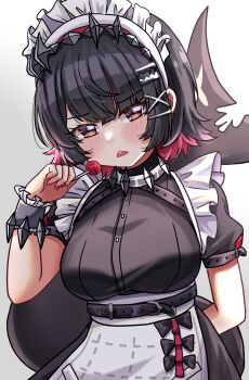 1girl absurdres amaimi apron arm_behind_back belt black_belt black_bow black_dress black_hair bow breasts candy collar colored_inner_hair cuffs dot_nose dress ellen_joe fingernails fins fish_tail food furrowed_brow gradient_background grey_background hair_ornament hairband hairclip head_tilt highres holding holding_candy holding_food holding_lollipop large_breasts light_blush lollipop looking_at_viewer maid maid_apron maid_headdress metal_collar metal_hairband multicolored_hair open_mouth orange_eyes pink_hair puffy_short_sleeves puffy_sleeves red_nails shark_girl shark_tail sharp_fingernails sharp_teeth short_hair short_sleeves sidelocks simple_background tail teeth triangle_mouth two-tone_hair underbust white_apron x_hair_ornament zenless_zone_zero