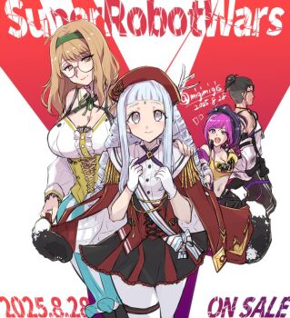 1boy 2025 3girls annina_servania black_hair breasts brown_eyes brown_hair center_frills cleavage cleavage_cutout clothing_cutout copyright_name corset crop_top dated detached_collar dress echika_y._franburnett epaulettes facial_mark fang forehead_mark frills glasses gloves green_hairband grey_eyes grey_hair hair_bun hairband half-closed_eyes hat headphones headphones_around_neck holding jacket jacket_on_shoulders large_breasts long_sleeves looking_at_viewer medium_hair multicolored_hair multiple_girls navel off-shoulder_dress off_shoulder open_mouth pink_hair purple_eyes purple_hair red_dress red_hat release_celebration release_date revealing_clothes ringlets round_eyewear sagging_breasts short_dress siblings single_hair_bun smile soumamigiri super_robot_wars_y tank_top tsukinowa_cross tsukinowa_forte two-tone_hair white_gloves white_jacket yellow_tank_top