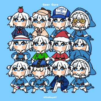 Rule 34 | 1girl, alicemuyuki, animal costume, animal hood, baseball cap, blue background, blue hoodie, blue streaks, blunt bangs, blush stickers, bright pupils, character name, chibi, chibi only, commentary, cosplay, english commentary, fake facial hair, fake mustache, gawr gura, gawr gura (1st costume), green hoodie, hair ornament, hat, highres, hololive, hololive english, hood, hood up, hoodie, long sleeves, looking afar, looking ahead, looking up, mafia (vocaloid), multicolored hair, multiple views, official alternate costume, santa costume, shark costume, shark hair ornament, shark hood, short hair, streaked hair, two side up, virtual youtuber, watson amelia, watson amelia (1st costume), watson amelia (cosplay), white hair, white pupils, wide sleeves
