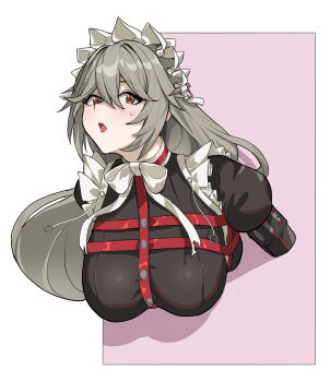 1girl :o alexandrina_sebastiane bow bowtie breasts chest_harness commentary_request grey_hair harness highres juliet_sleeves large_breasts long_hair long_sleeves maid_headdress puffy_sleeves red_eyes through_medium through_wall white_bow white_bowtie yatsuka_mirin zenless_zone_zero