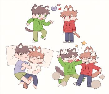2boys :3 angry animal_ears animification apple bandages brown_hair cat cat_boy cat_ears cat_tail chibi chibi_only closed_eyes clothes_writing commentary couple cuddling drawstring edd_(eddsworld) eddsworld extra_ears eye_contact fighting food fruit green_eyes green_hoodie green_pants green_shoes green_shorts grey_pants grey_shirt grey_shoes highres hood hood_down hoodie intertwined_tails jitome kemonomimi_mode long_sleeves looking_at_another lying mjsc_10 multiple_boys multiple_views name_connection object_namesake official_alternate_costume on_back on_side open_mouth pants pointing pointing_at_another punching red_eyes red_hoodie ringo_(eddsworld) shirt shoes short_hair short_sleeves shorts simple_background sleeping slit_pupils smile star_(symbol) symbol-only_commentary tail tongue tongue_out tord_(eddsworld) white_background white_shirt yaoi