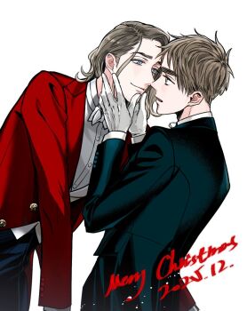 2boys axis_powers_hetalia big_lychee blonde_hair blue_eyes blush bow bowtie commentary english_commentary facial_hair formal_clothes france_(hetalia) gloves goatee_stubble green_eyes hands_on_another's_face jacket long_sleeves male_focus medium_hair merry_christmas multiple_boys open_mouth shirt short_hair simple_background smile stubble suit thick_eyebrows united_kingdom_(hetalia) white_background yaoi