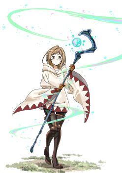 1girl blonde_hair boots brown_boots brown_gloves commentary_request final_fantasy final_fantasy_tactics full_body gloves grass highres holding holding_staff long_hair long_sleeves looking_at_viewer magic simple_background solo staff sunomono thigh_boots thighhighs walking white_background white_mage white_mage_(fft) white_mage_(final_fantasy) wide_sleeves yellow_eyes