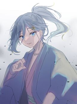 ahoge blue_eyes blue_hair cecilus_segmunt closed_mouth debris glowing gradient_hair hair_between_eyes hair_ornament hand_up highres japanese_clothes kimono layered_clothes long_hair looking_at_viewer mole mole_under_mouth multicolored_hair open_clothes oshi_suko1 ponytail re:zero_kara_hajimeru_isekai_seikatsu sash simple_background smile upper_body white_background yukata