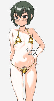 1girl armpit_hair armpit_hair_peek bikini breasts cameltoe female_pubic_hair flat_chest gold_bikini green_eyes green_hair hands_on_own_hips highres kino_(kino_no_tabi) kino_no_tabi micro_bikini navel pubic_hair short_hair simple_background small_breasts swimsuit white_background yao-mikuni