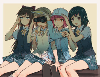 4girls :d :| baseball_cap binoculars black_pantyhose black_vest blue_eyes blue_hat blue_jacket blue_shirt blunt_bangs blunt_ends bob_cut border bow brown_hair closed_mouth collared_shirt commentary dress_shirt expressionless frown green_hair grey_hair grey_skirt hair_bow hair_ribbon handheld_electric_fan hat highres holding holding_binoculars holding_sketchbook hood hooded_jacket jacket long_hair long_sleeves love_live! love_live!_nijigasaki_high_school_idol_club medium_hair mifune_shioriko miniskirt multiple_girls nakasu_kasumi neck_ribbon nijigasaki_1st_years nijigasaki_school_uniform open_clothes open_jacket open_mouth orange_eyes osaka_shizuku outside_border pantyhose pink_hair plaid_clothes plaid_skirt pleated_skirt red_bow revision ribbon sanpaku school_uniform shadow shirt short_hair short_sleeves sitting sketchbook skirt smile summer_uniform sweat swept_bangs tennoji_rina vest white_border yellow_background yellow_eyes yellow_ribbon yukitake_(bullfalk)