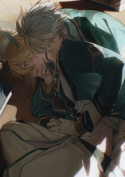 2boys absurdres ahoge akademiya_uniform alhaitham_(genshin_impact) blonde_hair closed_mouth erection feather_hair_ornament feathers gem genshin_impact gold_trim green_gemstone grey_hair hair_between_eyes hair_ornament hair_over_one_eye handjob highres kaveh_(genshin_impact) liu_sha28968 long_hair long_sleeves male_focus mandarin_collar multiple_boys penis red_eyes shirt short_hair white_shirt yaoi