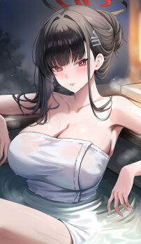 1girl black_hair black_halo blue_archive blush breasts bright_pupils cleavage collarbone commentary_request halo highres kottungyang large_breasts long_hair looking_at_viewer naked_towel onsen parted_lips partially_submerged red_eyes rio_(blue_archive) ripples sitting solo towel water wet