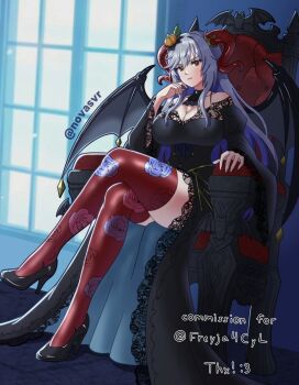 1girl armchair artist_name bare_shoulders black_dress black_shoes breasts chair choker cleavage colored_inner_hair commentary commission crossed_legs demon_wings dress english_commentary english_text fake_wings finger_to_cheek fire_emblem fire_emblem_heroes floral_print freyja_(fire_emblem) freyja_(parallel_hearts)_(fire_emblem) goat_horns hair_between_eyes hair_ornament halloween_costume hand_up head_on_hand head_tilt high_heels highres horns huge_breasts indoors lace lace-trimmed_dress lace_trim long_hair long_sleeves looking_at_viewer multicolored_hair nintendo novasvr off-shoulder_dress off_shoulder official_alternate_costume on_chair pumps red_eyes red_thighhighs second-party_source shoes sitting sitting_on_throne solo thick_thighs thighhighs thighs twitter_username white_hair wide_sleeves window wings