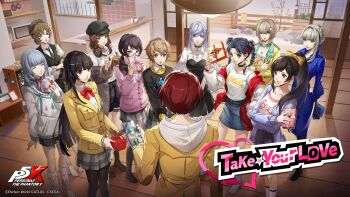 Rule 34 | 1boy, 6+girls, absurdres, angry, arai motoha, artist request, black-framed eyewear, black gloves, black pantyhose, black vest, blonde hair, blue dress, blue skirt, box, box of chocolates, braid, brown hair, buttons, cellphone, closed eyes, closed mouth, crossed arms, dogenzaka runa, dress, from behind, glasses, gloves, green eyes, green hairband, green necktie, grey hair, grey skirt, hair over one eye, hairband, harem, hat, headphones, headphones around neck, highres, holding, holding phone, indoors, jacket, kamishiro nagisa, kokatsu academy school uniform, kotone montagne, li yaoling, low twintails, merope (p5x), miyashita minami, multiple girls, necktie, newsboy cap, no shoes, noge tomoko, off shoulder, official art, one eye covered, pantyhose, persona, persona 5, persona 5: the phantom x, phone, plaid clothes, plaid skirt, ponytail, sakai ayaka, sawara miyu, school uniform, shiina yumi, short hair, skirt, smartphone, smile, tanemura riko, twin braids, twintails, valentine, vest, wooden floor, yui (p5x)